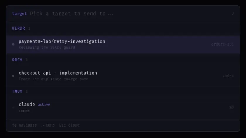Общий выбор адреса отправки: Herdr, Orca и tmux в одном списке